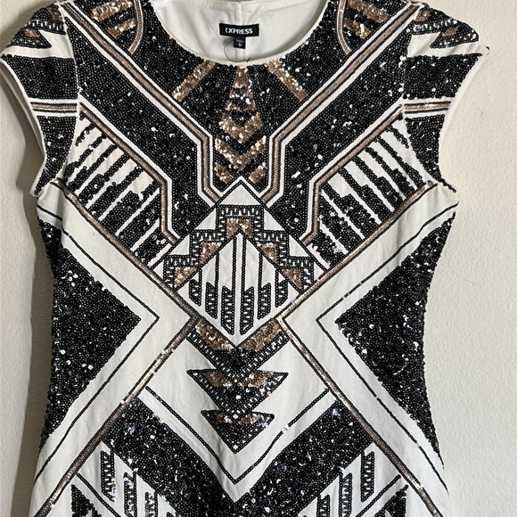 Express Black White Gold Sequin Mini Dress - Picture 3 of 12